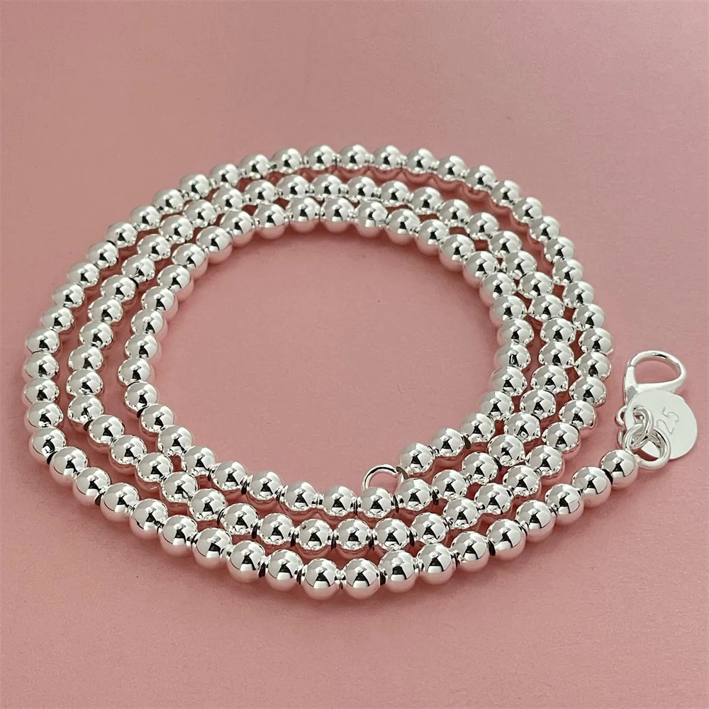Round Bead Chain Necklace 925 Sterling Silver 4mm Classic Wedding Men Jewelry
