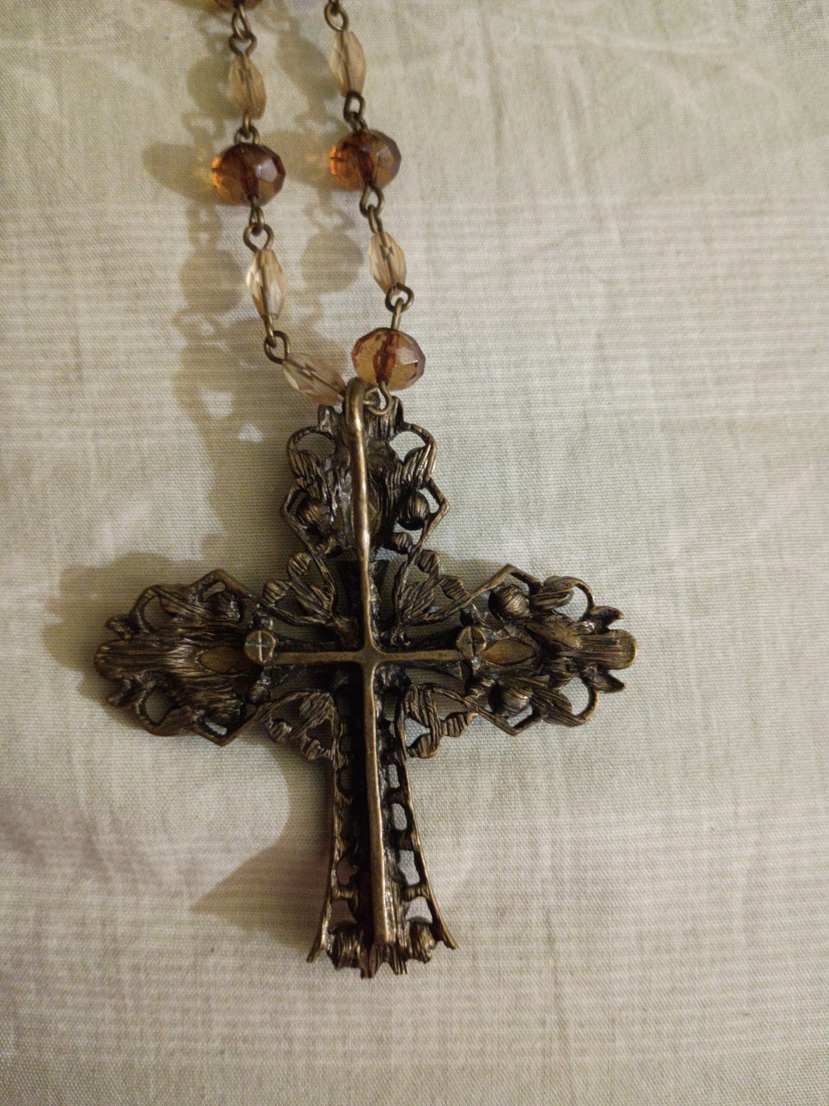 Brown Crystal Beaded Cross Pendant Necklace Cable Chain Metal Religious