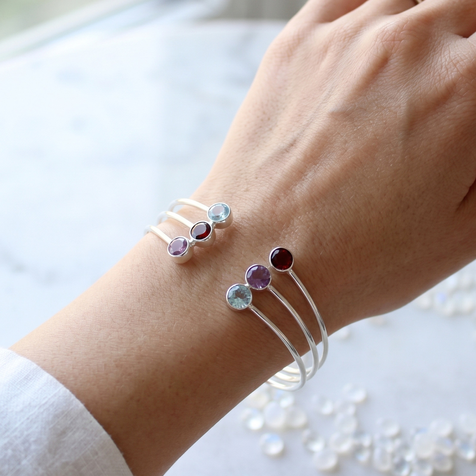 925 Sterling Silver Triple Raw Natural Gemstone Cuff Bracelet, Multi Stone Jewel