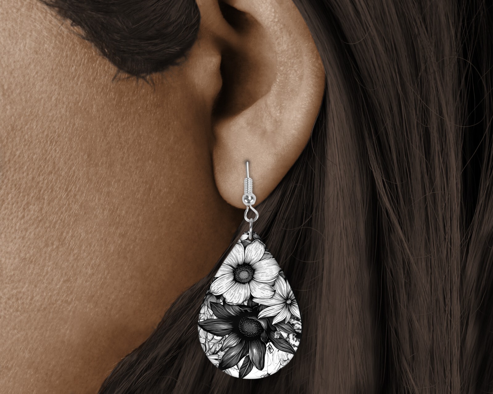 Black and White Floral Print Wood Dangle Teardrop Print Earrings Jewelry