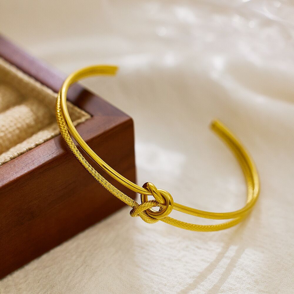 INS Woman 18K Gold Plated Knot Beaded Bracelet Opening Bangle Cuff Wristband