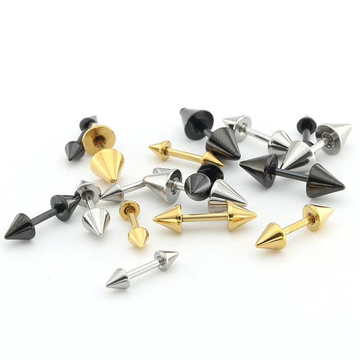 PAIR Prong Set Screw Back Stud Earrings Rivet Spike Cone Surgical Steel PE30