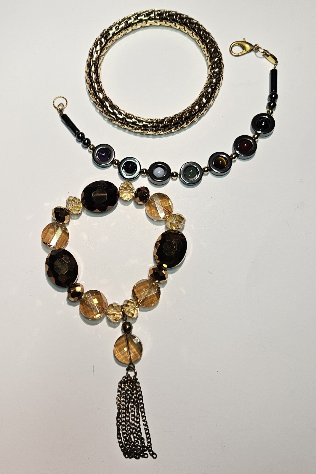 FASHION (2) STRETCH BRACELETS & 1 MULTI COLOR SEMI PRECIOUS STONE BRACELET