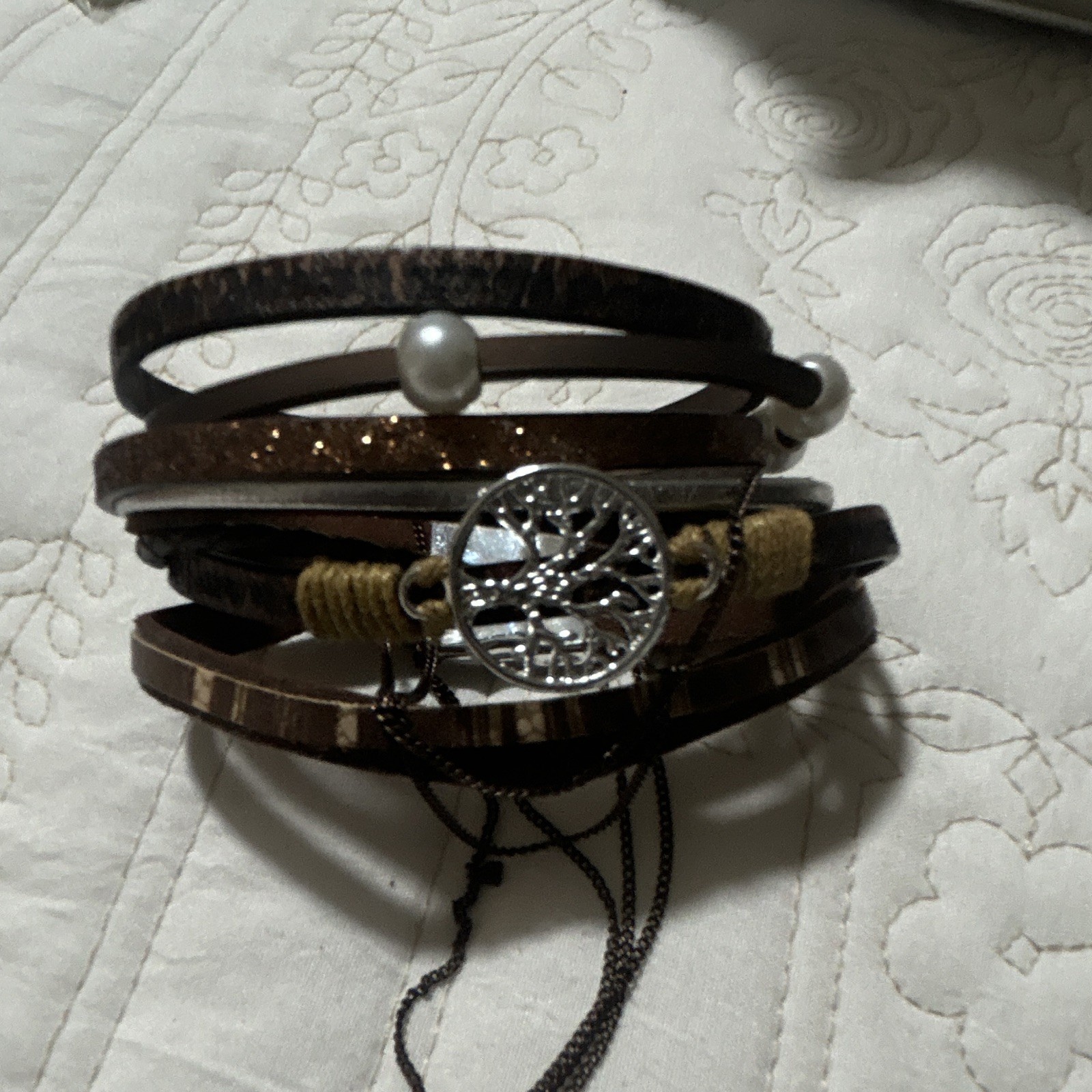 Brown Faux Leather Multi-Strand Wrap Cuff Bracelet Snake Chain Magnetic Closure