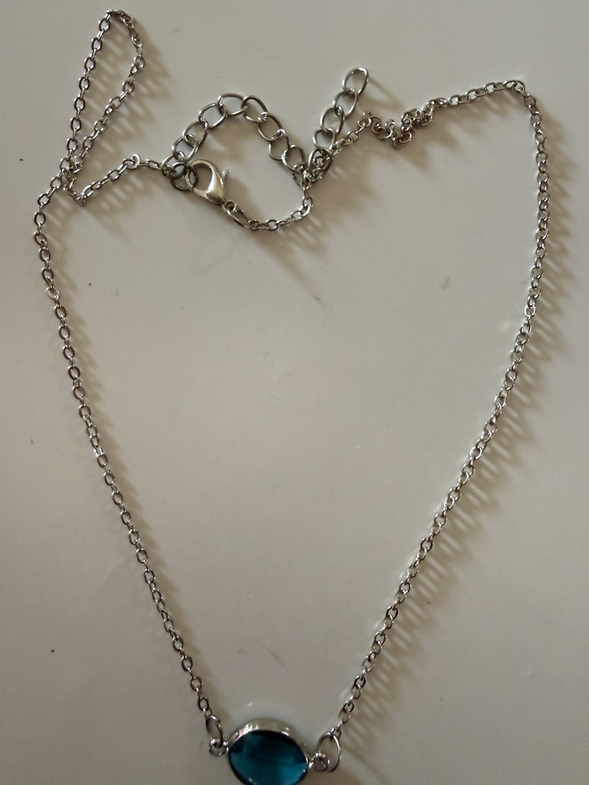 Minimalist Silver Tone Necklace with Round Blue Glass/Stone Pendant