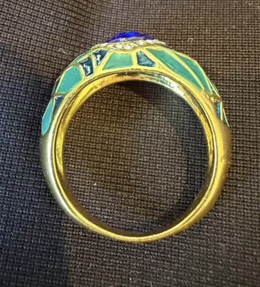 Gold Tone Green Enamel Dome Cocktail Ring Blue Round Crystal Bezel Size 7.75