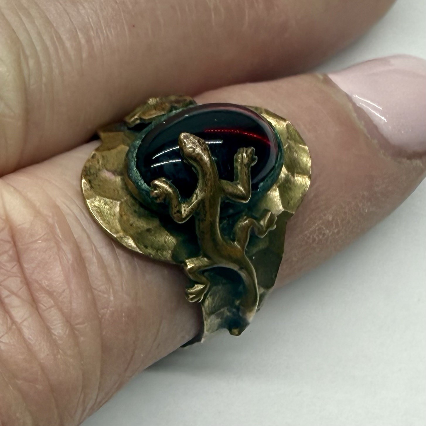 Antique Unique Brass Lizard And Floral Ring With Oval Red Glass