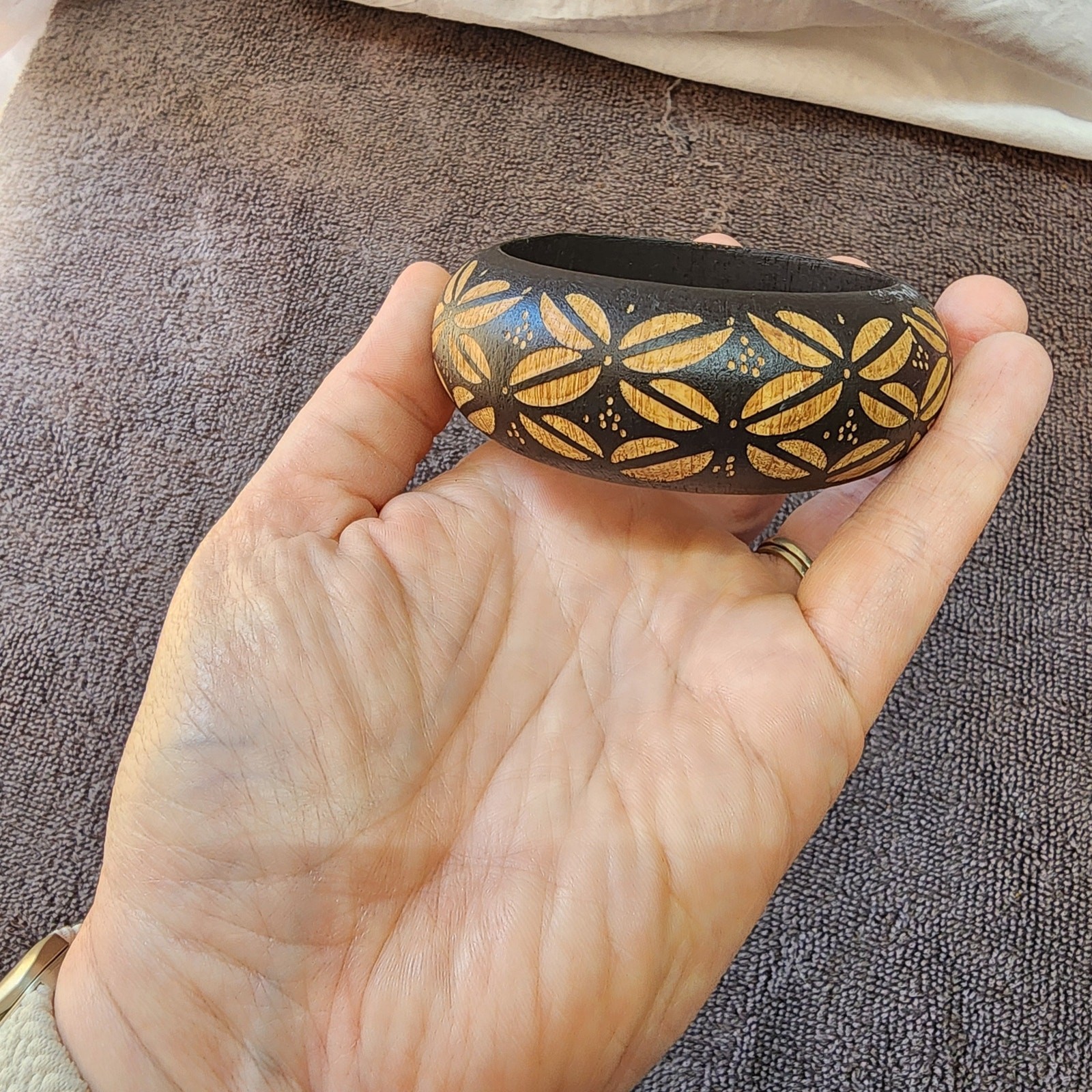 Dark brown Wooden bangle bracelet light brown carvings not signed 1 scrape jb