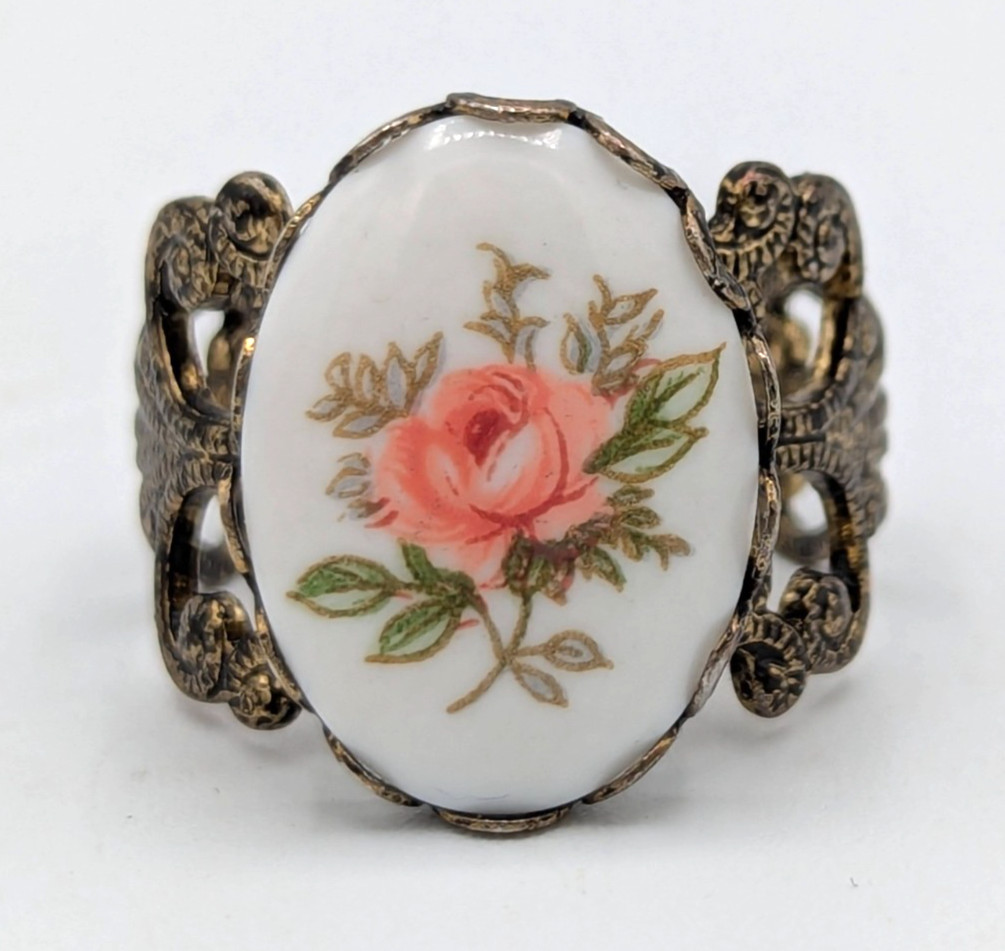 Pink Rose Filigree Ring Porcelain Antiqued Brass Romantic Shabby Chic Floral 7.5
