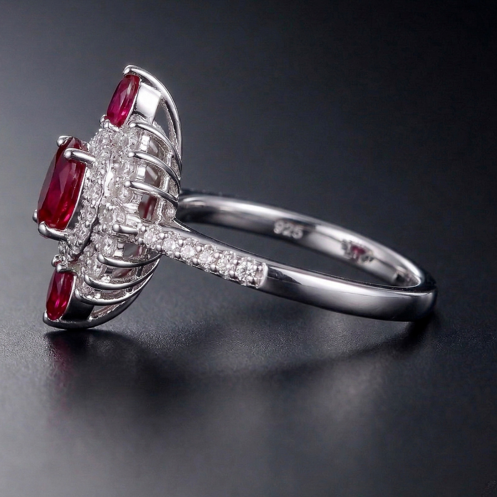 Natural Oval Ruby and CZ Halo Ring, Sterling Silver Statement Band