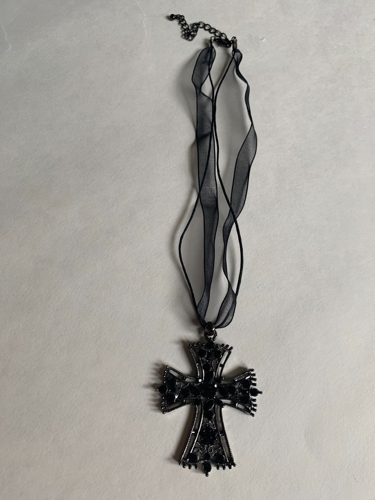 Gothic Black Cross Pendant Necklace Gunmetal Rhinestone Victorian Style Jewelry