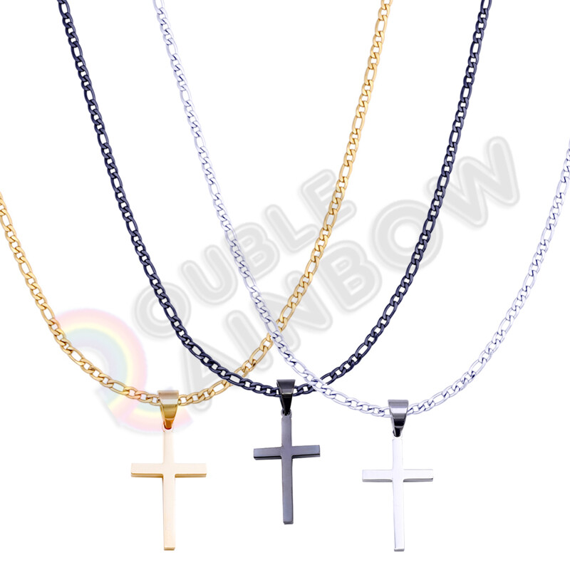 Men Stainless Steel Necklace 18-36″ Cross Religion Figaro 3mm-6mm & Pendant #P30