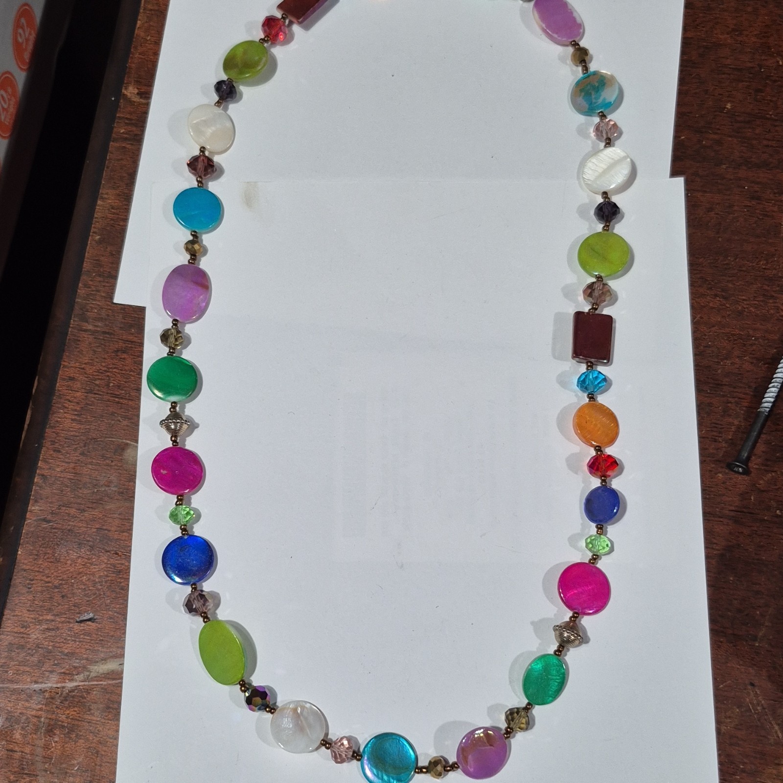 Multicolor Glass Round Beaded Necklace Cable Chain Lobster Clasp Adjustable