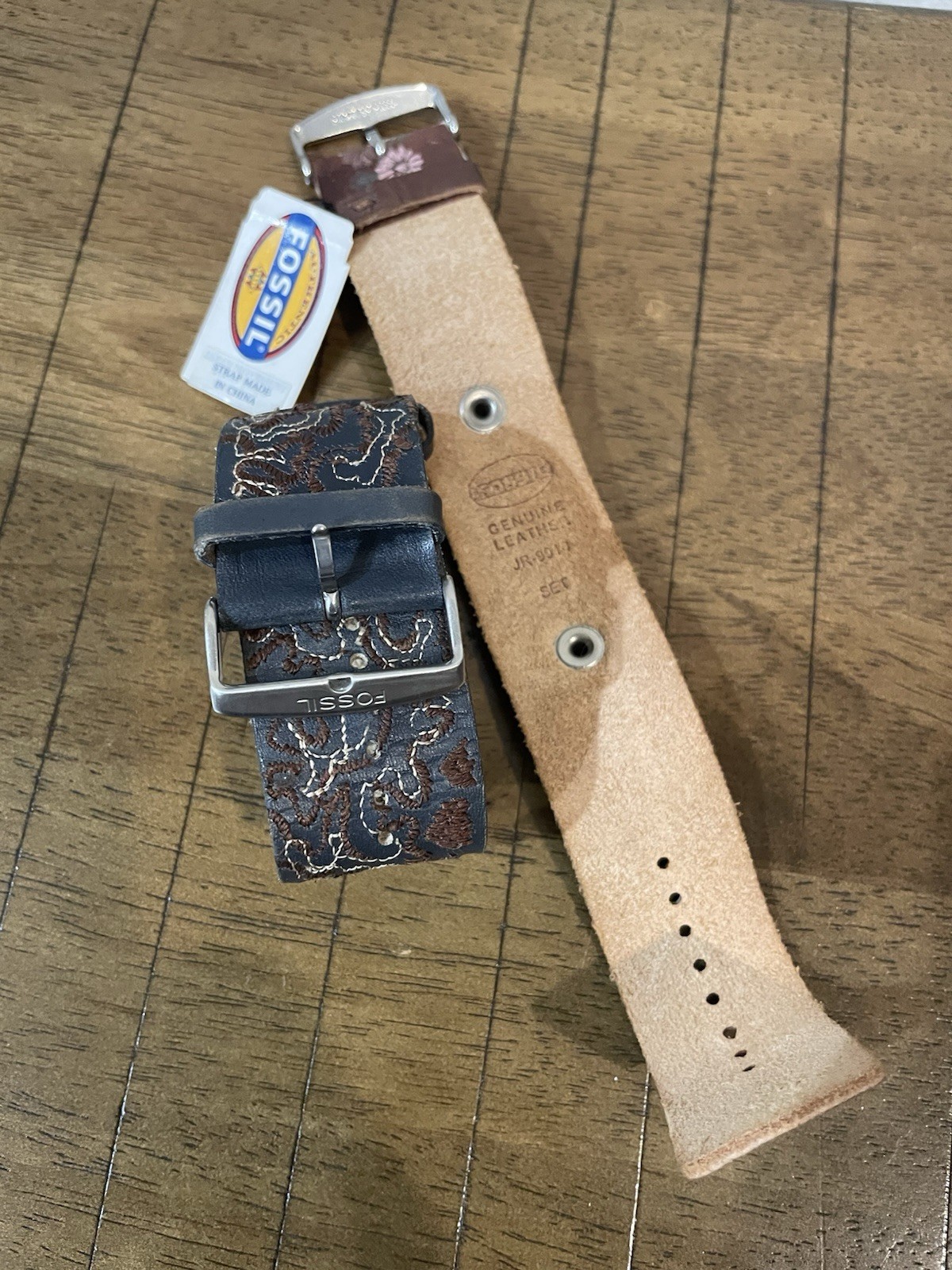 Fossil Bracelet Leather Cuff With Buckle 9” Set Of Two Brown Floral Gray Boho 2