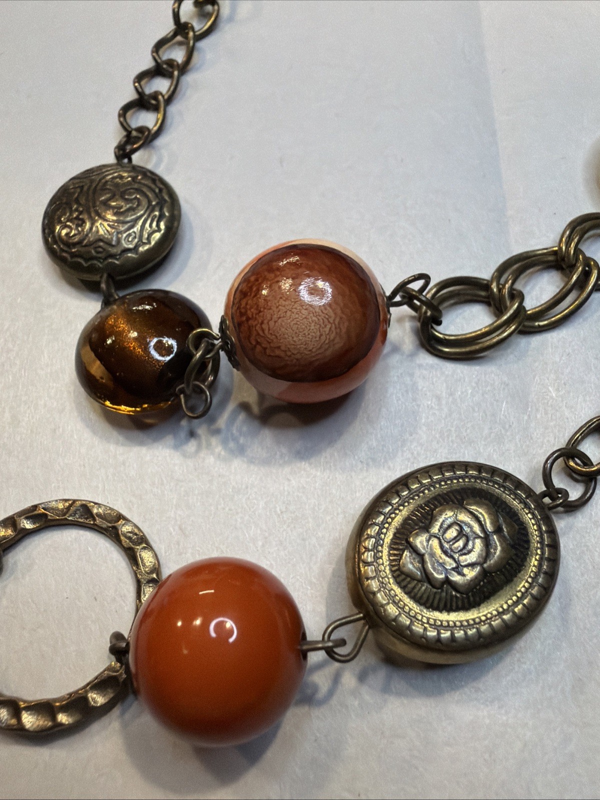 Long Necklace Round Amber Beads Glass Beads Decorative Metal Beads Brass Tone