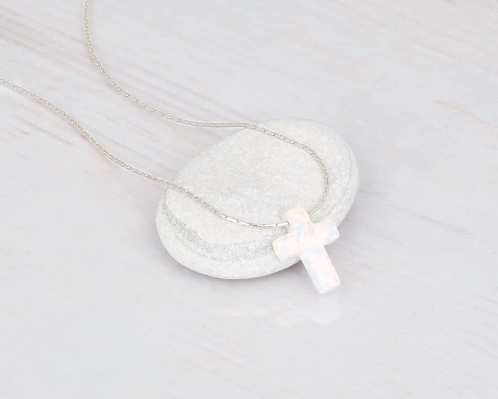 Opal Cross Choker Necklace – Thin Chain, Gold Filled or Silver, Blue or White…