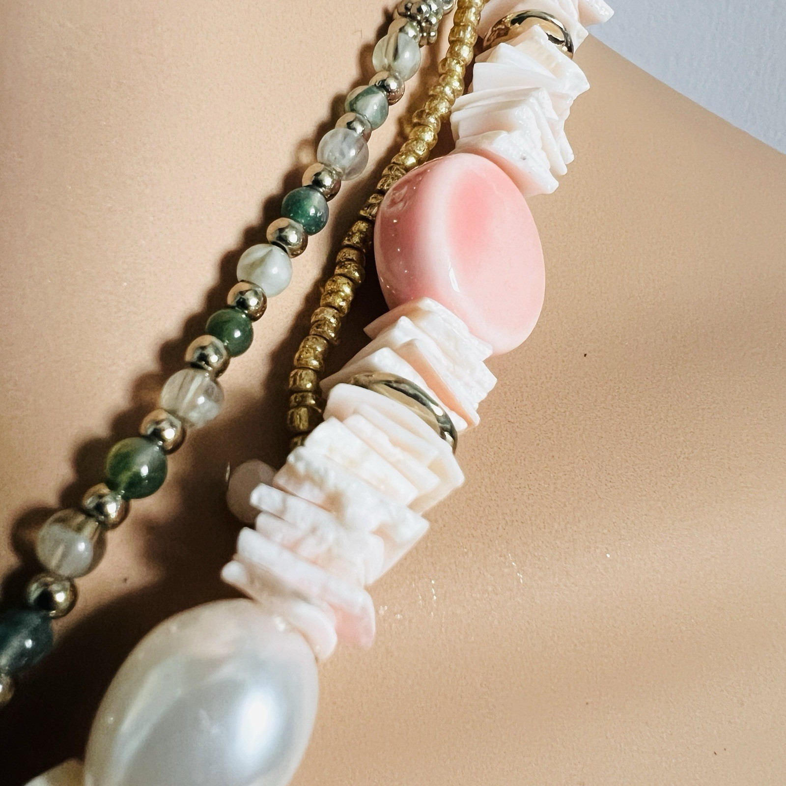 Coastal Charm Shell & Stone Necklace, Handmade Layered Strand Statement Piece