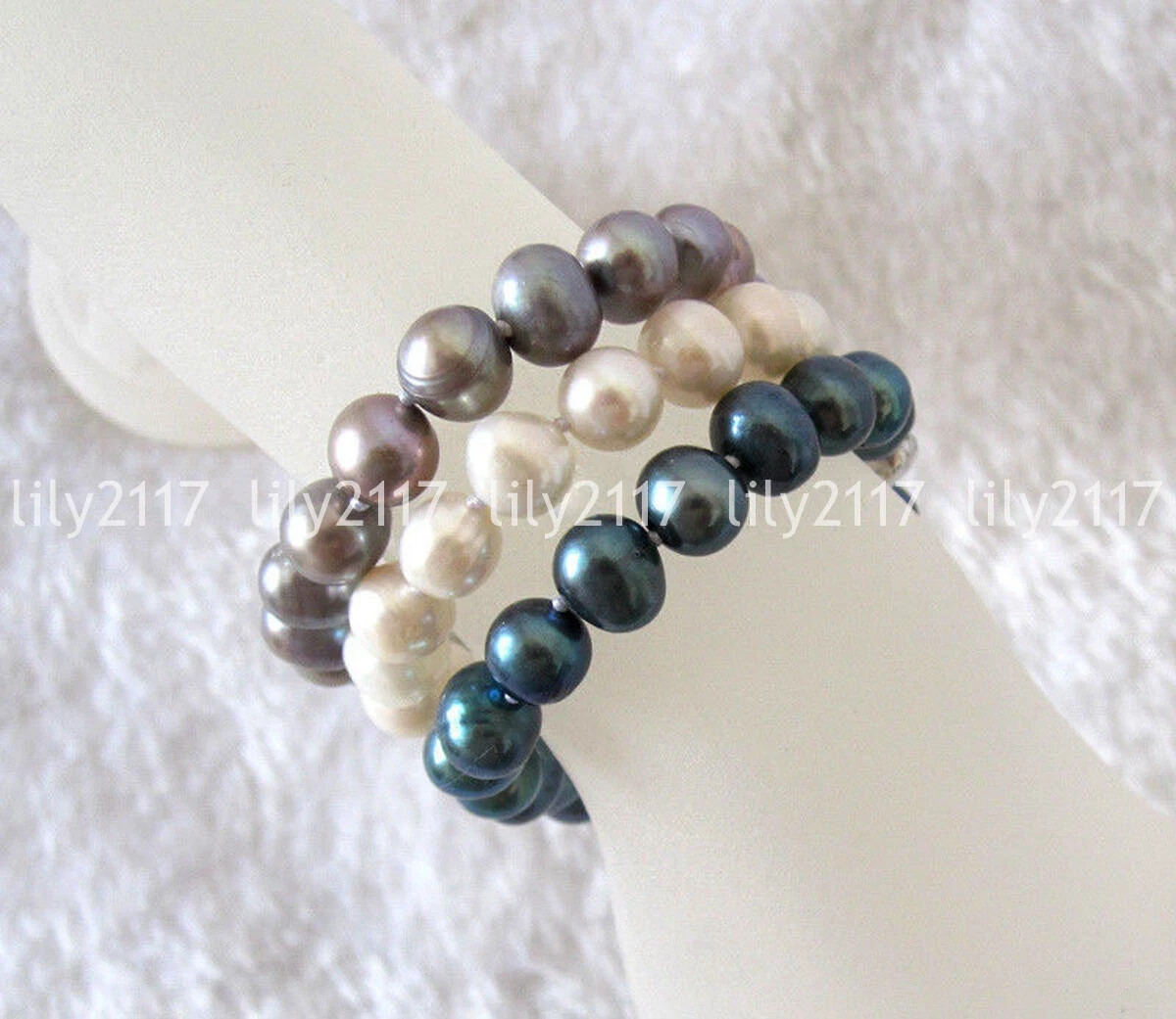 3 Rows Genuine Natural White Gray Black Freshwater Baroque Pearl Bracelet 8 inch
