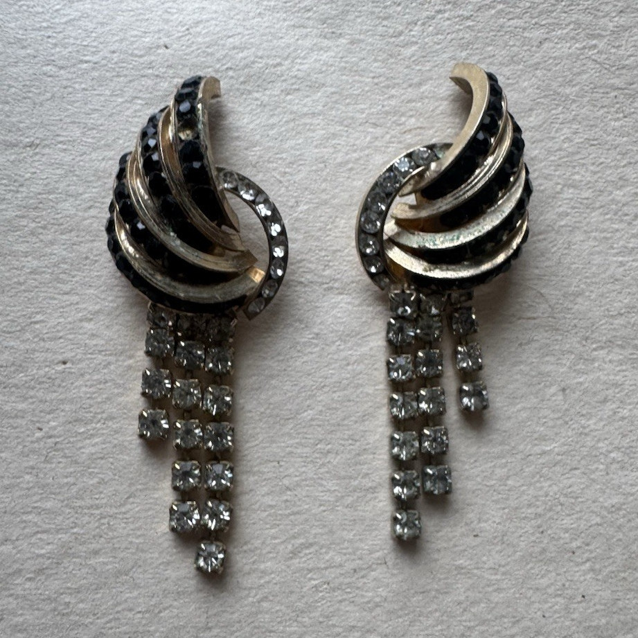 Gold Tone Clear and black Rhinestone Dangle Drop Earrings, Post Back, swirl
