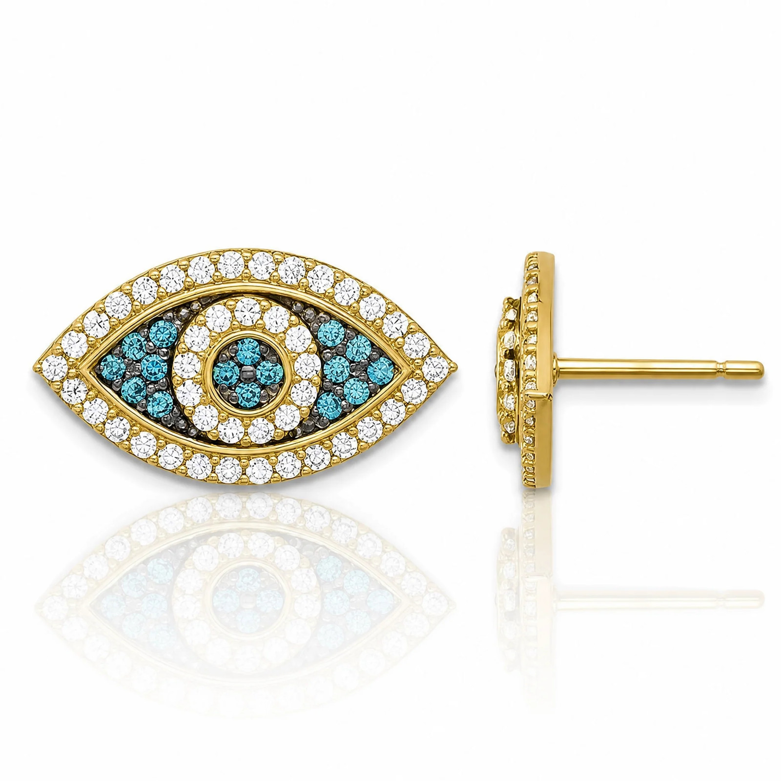 14K Yellow Gold Black Rhodium-Plated Pol. Blue/White CZ Evil Eye Post Earrings