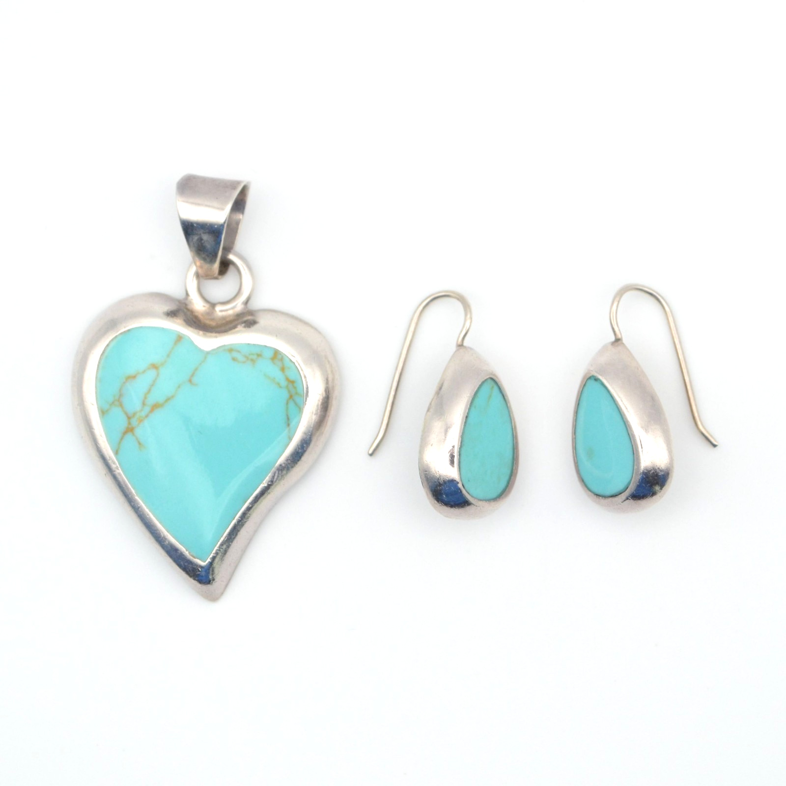 Mexican Sterling Silver Turquoise Heart Pendant & Teardrop Earrings Set 925 ATI