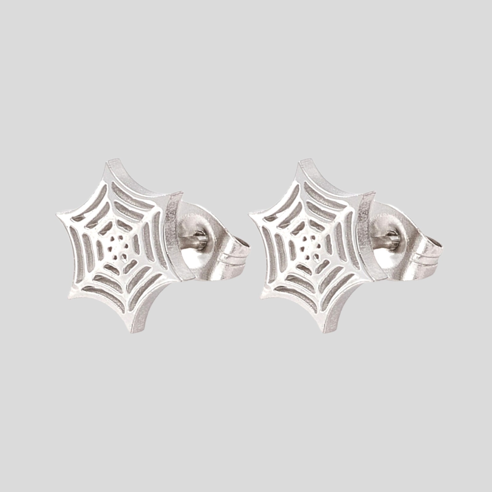 Stainless Steel Spider Web Post Back Earrings Halloween Goth Jewelry