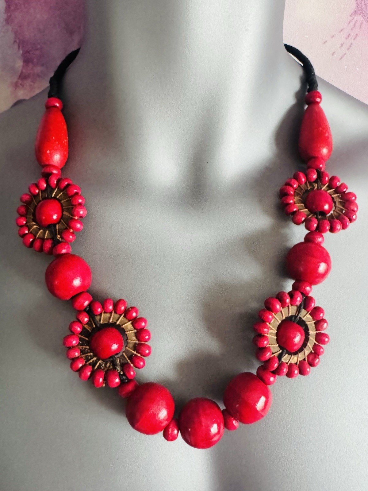 Avalaya Ethnic Red Wood Bead Black Cord Necklace