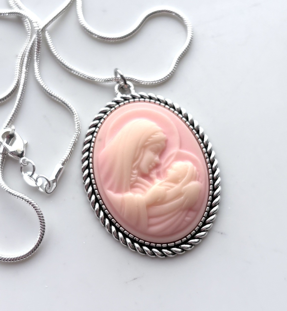 Virgin Mary & Baby Jesus Hazy Pink Cameo Necklace Pendant, Sterling Silver Chain
