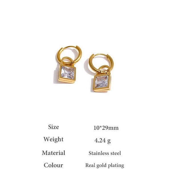 18K Gold Plated Square Cubic Zirconia Crystal Dangle Drop Earrings Huggie E10