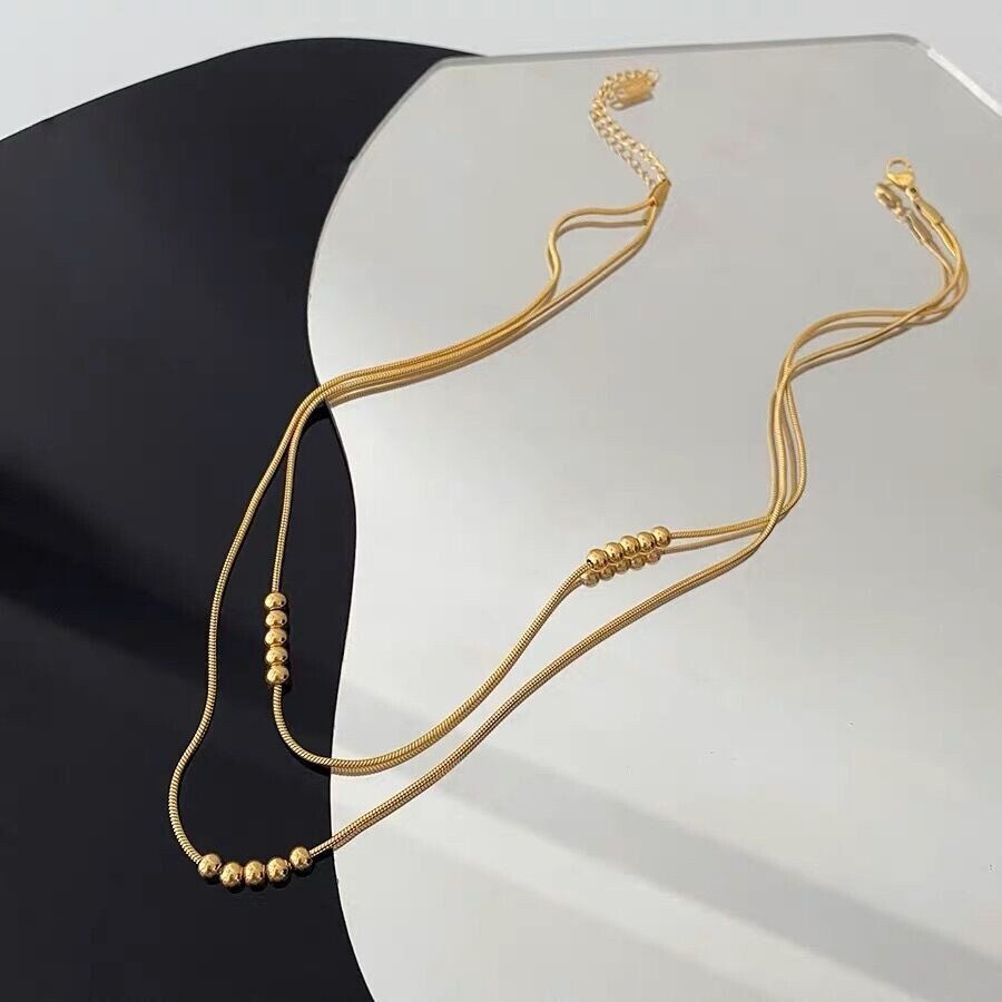 Woman 18K Gold Plated Stainless Steel Beaded 2 Layers Snake Chain Necklace