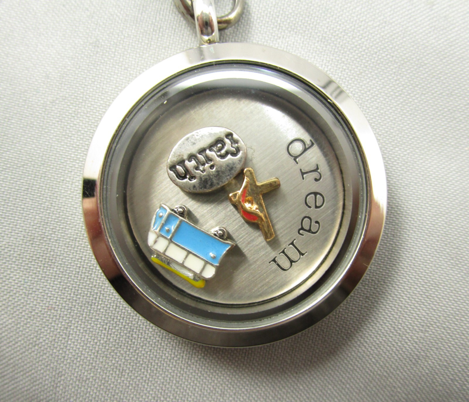Dark Gray Colored Metal Link Chain Encased Charms Dream Faith Cross Bus Pendant