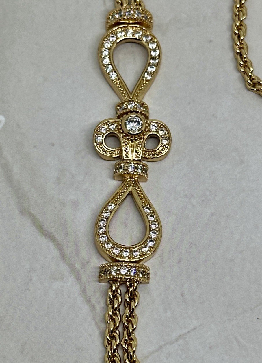 Gold Tone Double Strand Chain Filigree Rhinestone Stations 24″ Necklace