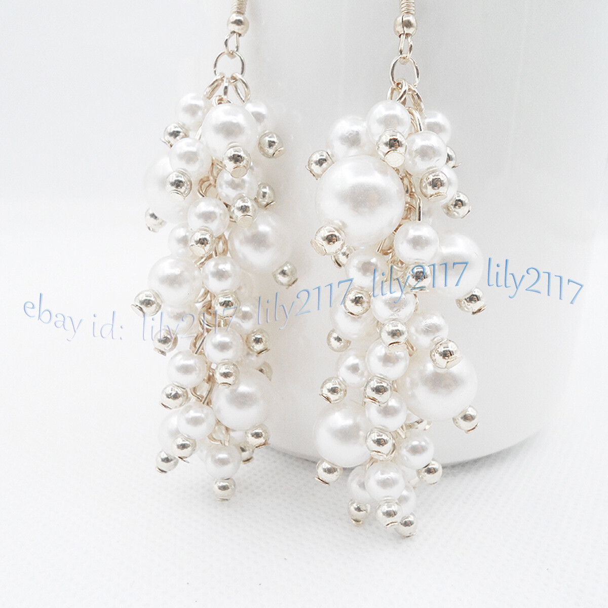 6-12mm South Sea White Shell Pearl Round Beads Grape Dangle Silver Hook Earrings