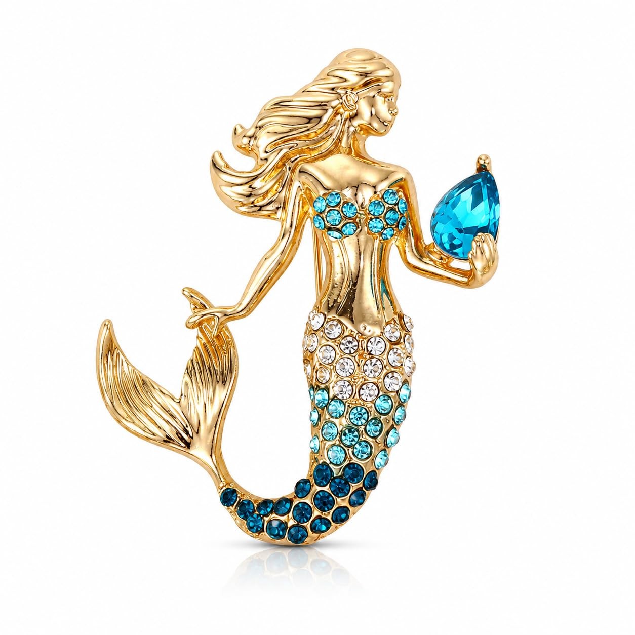 Fish Tail Mermaid Brooch Zinc Alloy Gold Plated Crystals Pins for Women