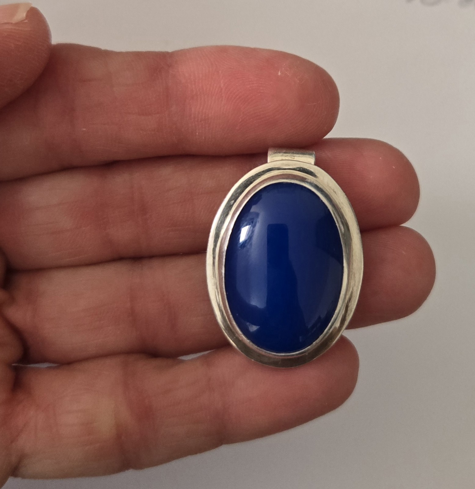 Vintage 1990s Royal Blue Oval Cabochon Silver Tone Pendant Charm