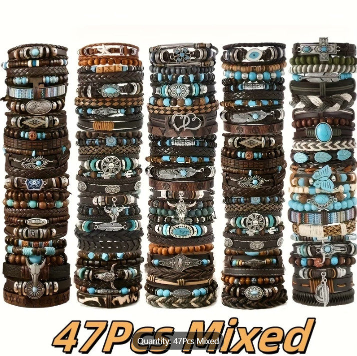 47Pcs Boho Faux Leather Bracelet Set Western Charm Wrap Stackable Men Women Lot