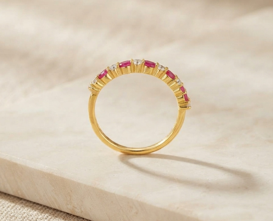 925 Sterling Silver Lab Ruby CZ Wedding Anniversary Ring Yellow Gold Plated Band