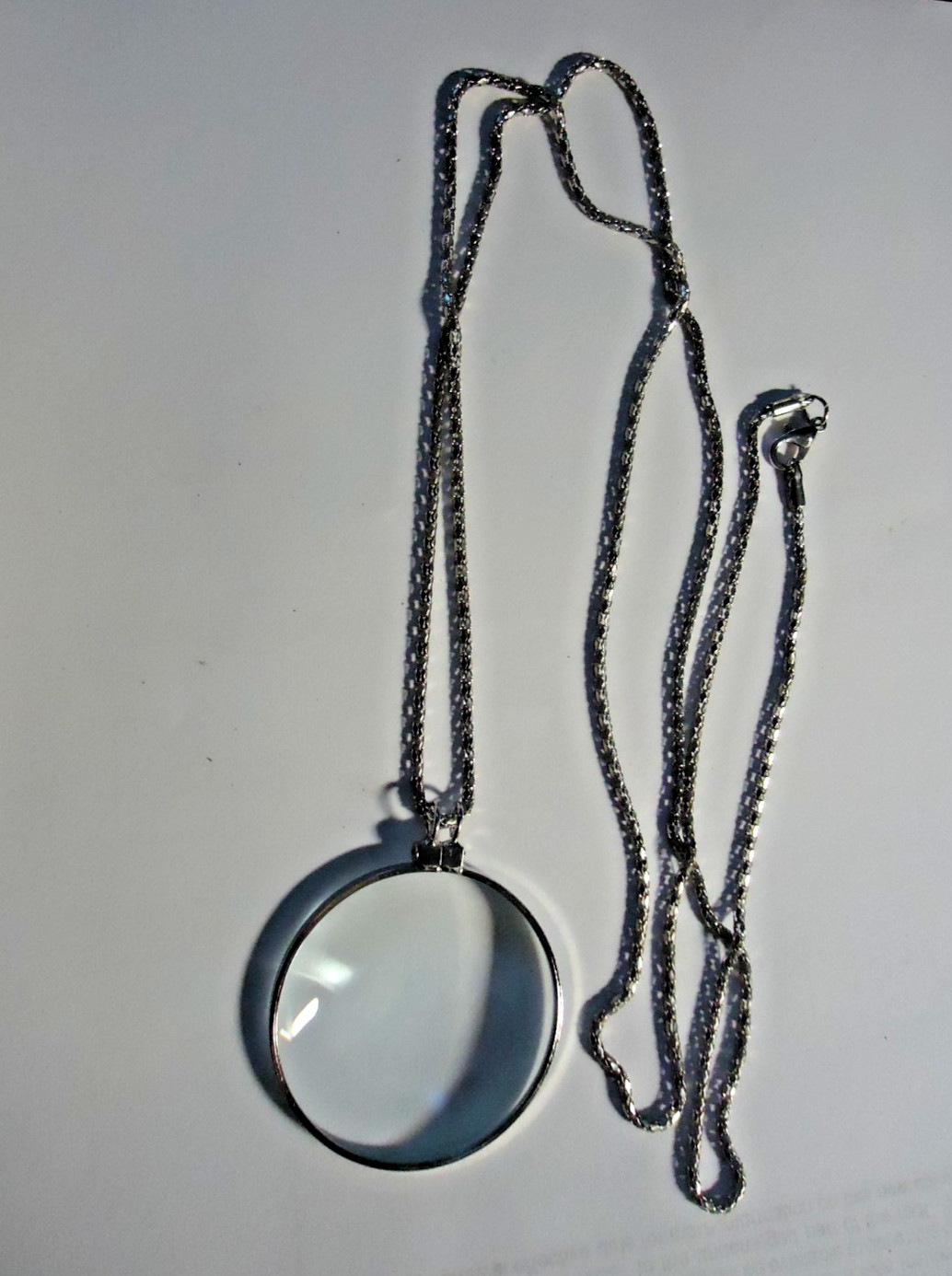 5X Magnifier Reading Magnifying Glass Lens Pendant Necklace 36” silver plated#9