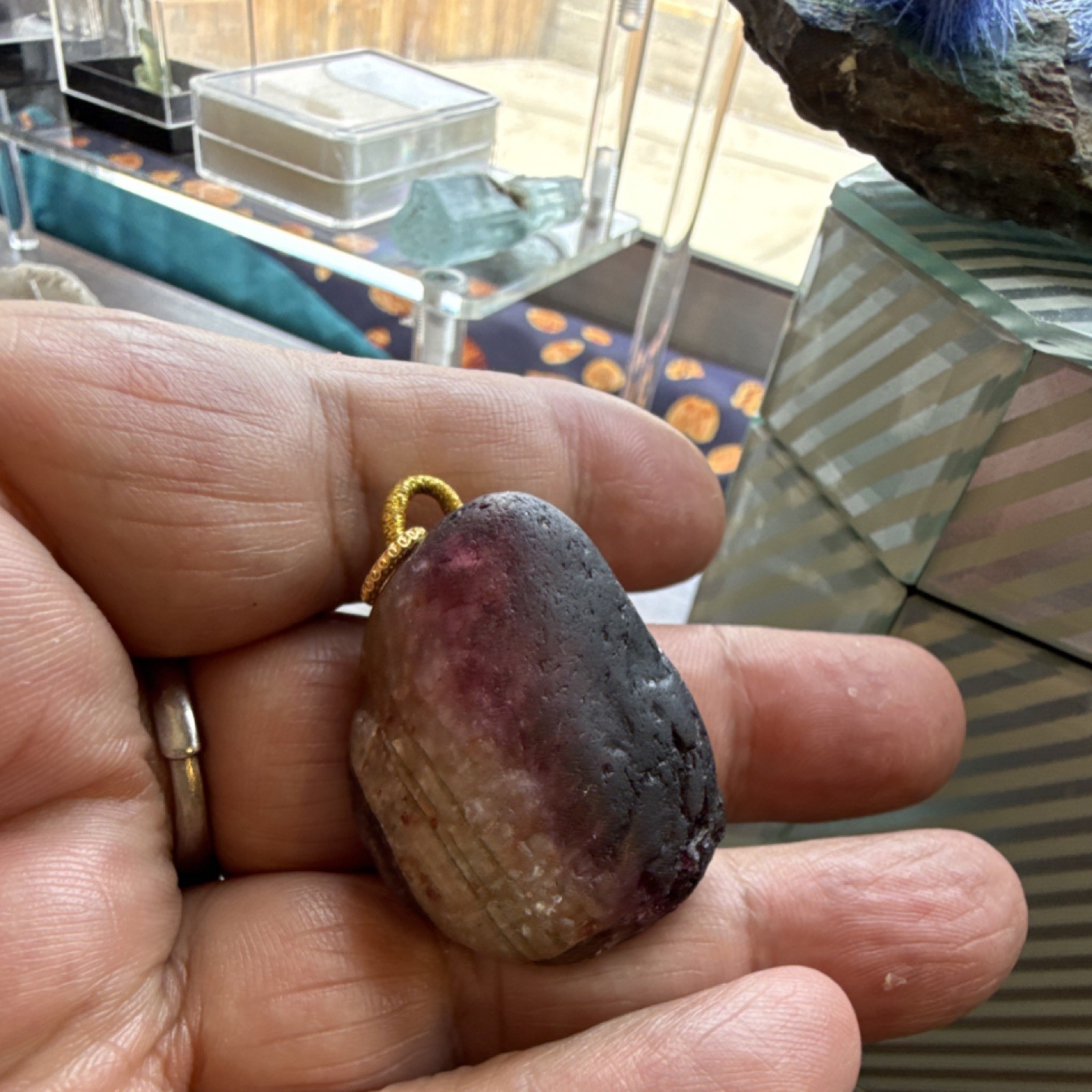 Tourmaline in Quartz Rubellite Stone Pendant Purple with 18k Gold Bail