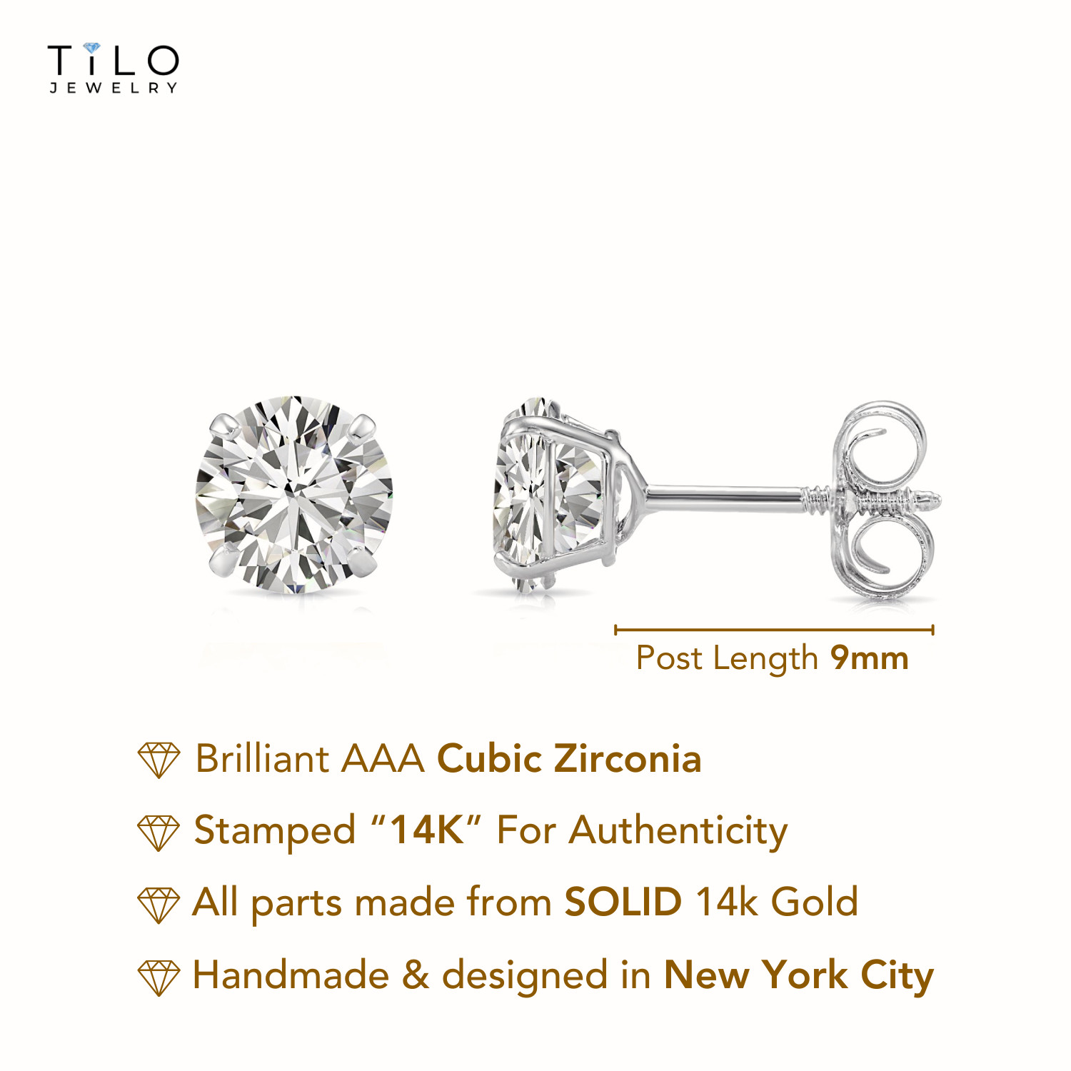 14K Solid White Gold Solitaire Round Brilliant Stud Earrings Screwback 3mm-8mm