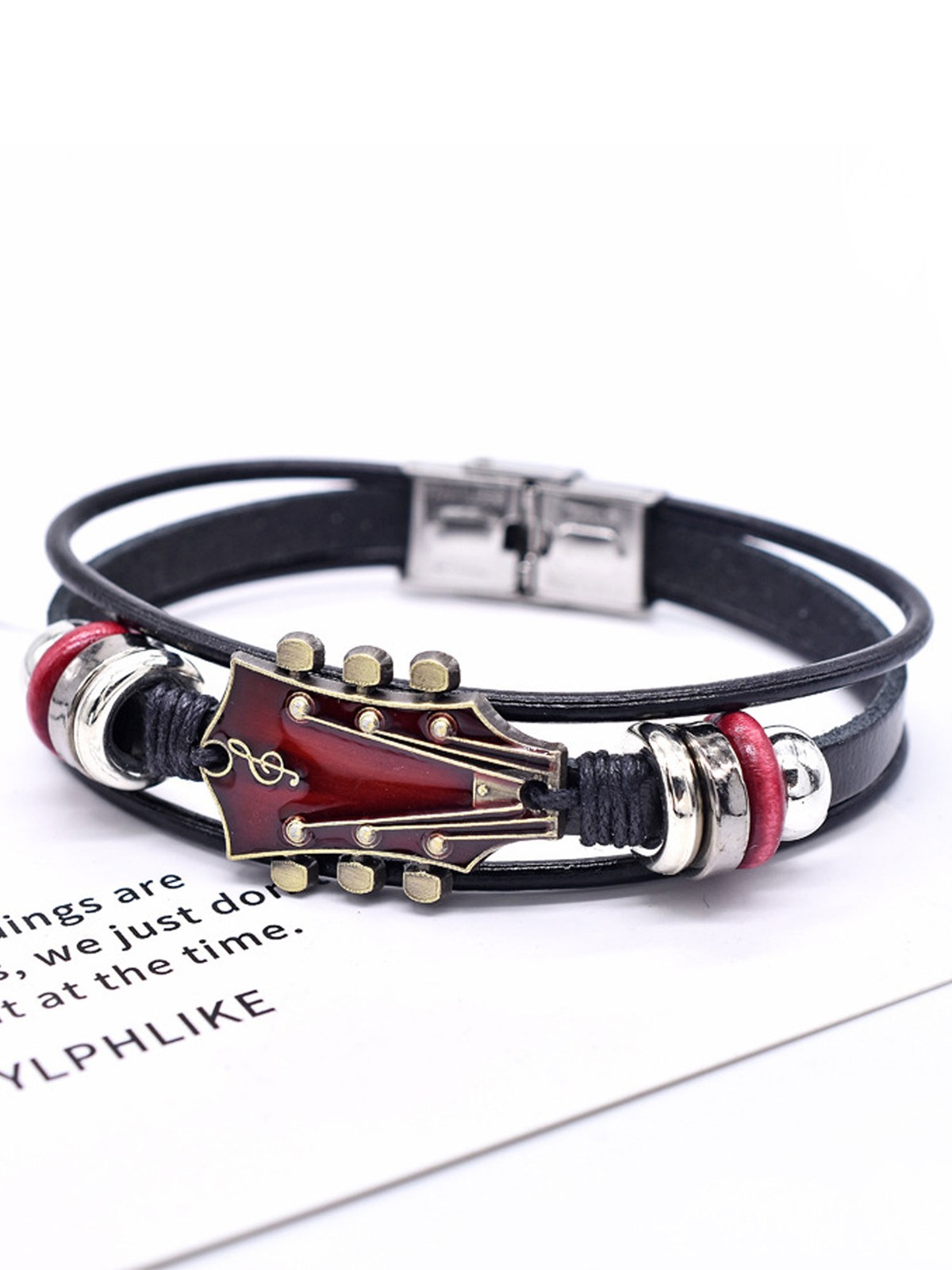 Retro Faux Leather Guitar Bracelet,Zinc Alloy Rock Music Guitar Bracelet OY