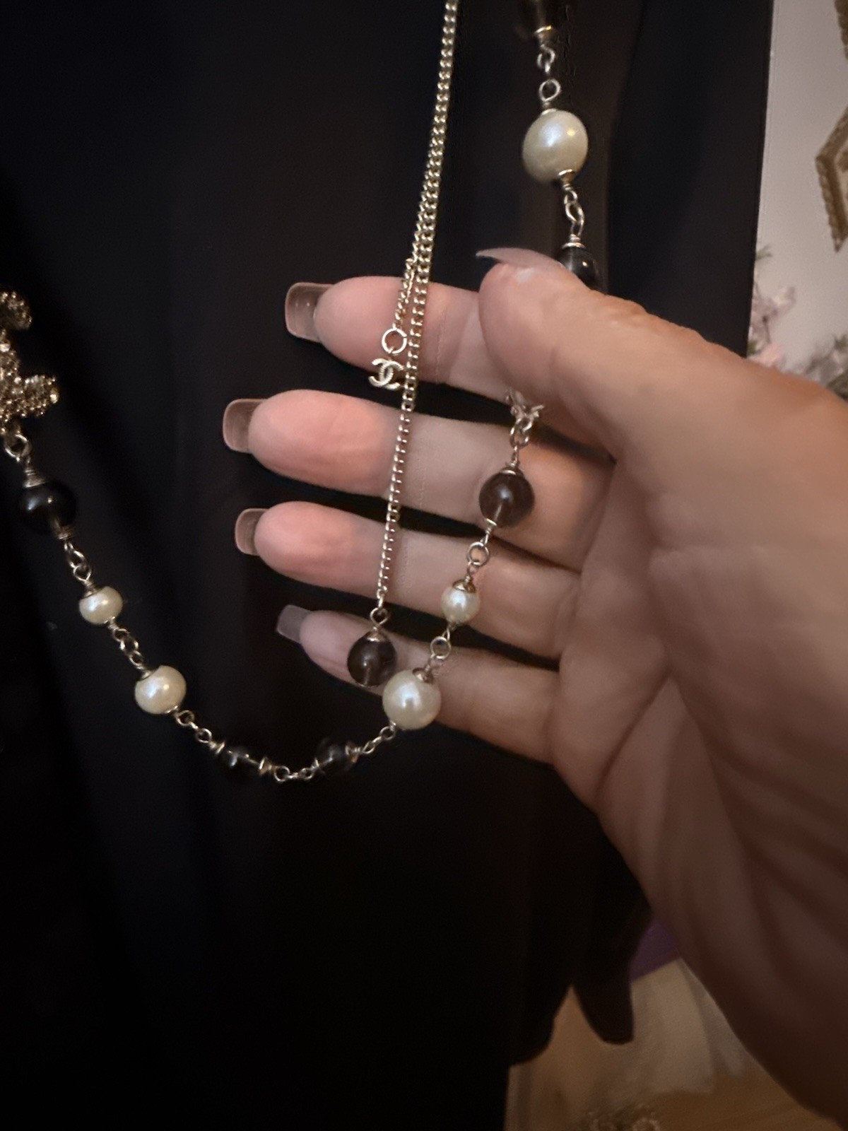 Black White Beaded Station Necklace Silver Tone Pearl Crystal Adjustable