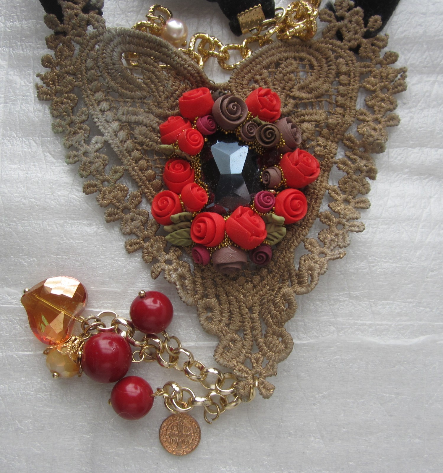 Lace Heart Choker with Flowers & Drop Pendant Tassel with Beads 17+ in.