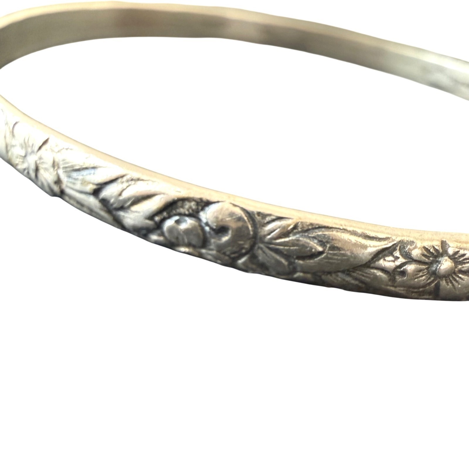 Vintage Bangle Bracelet Floral Engraved Stackable Boho Silver Tone