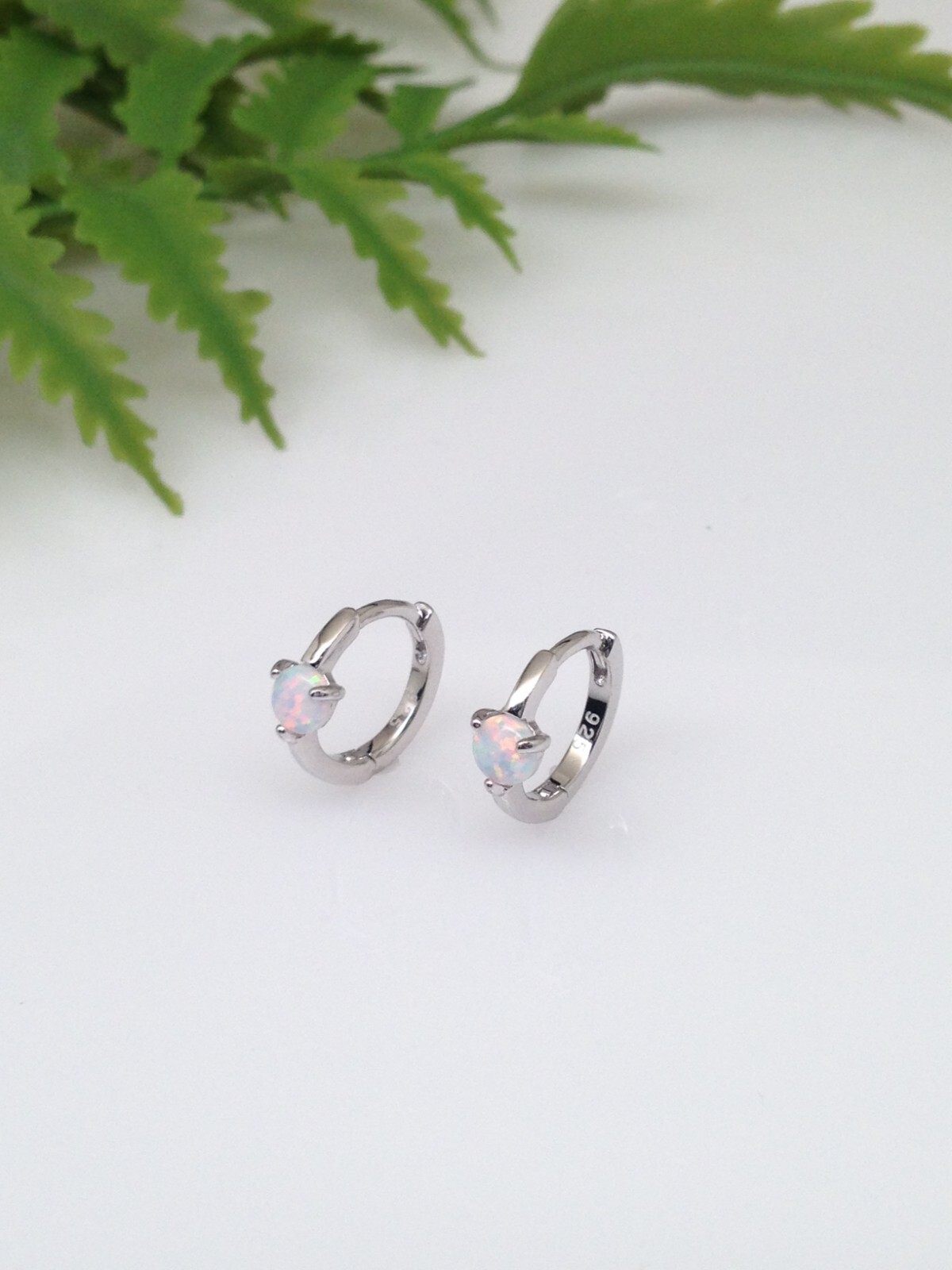 White Opal Huggie Hoop Earrings Sterling Silver 925 Tiny Hoops 10mm/7.8mm x1mm