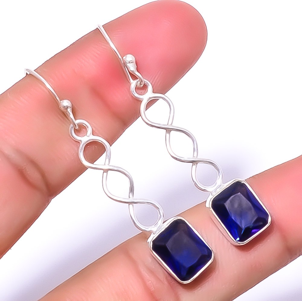 Blue Sapphire (Lab-Created) Handmade Silver Plated Spiral Earring 1.79″ A3