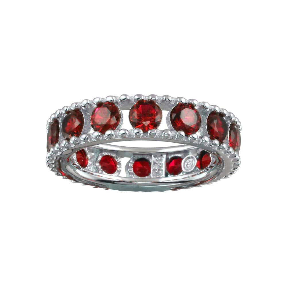 ETERNITY WEDDING BAND W/ LAB CREATED SIMULATED RUBY GEMS / 925 STERLING SILVER