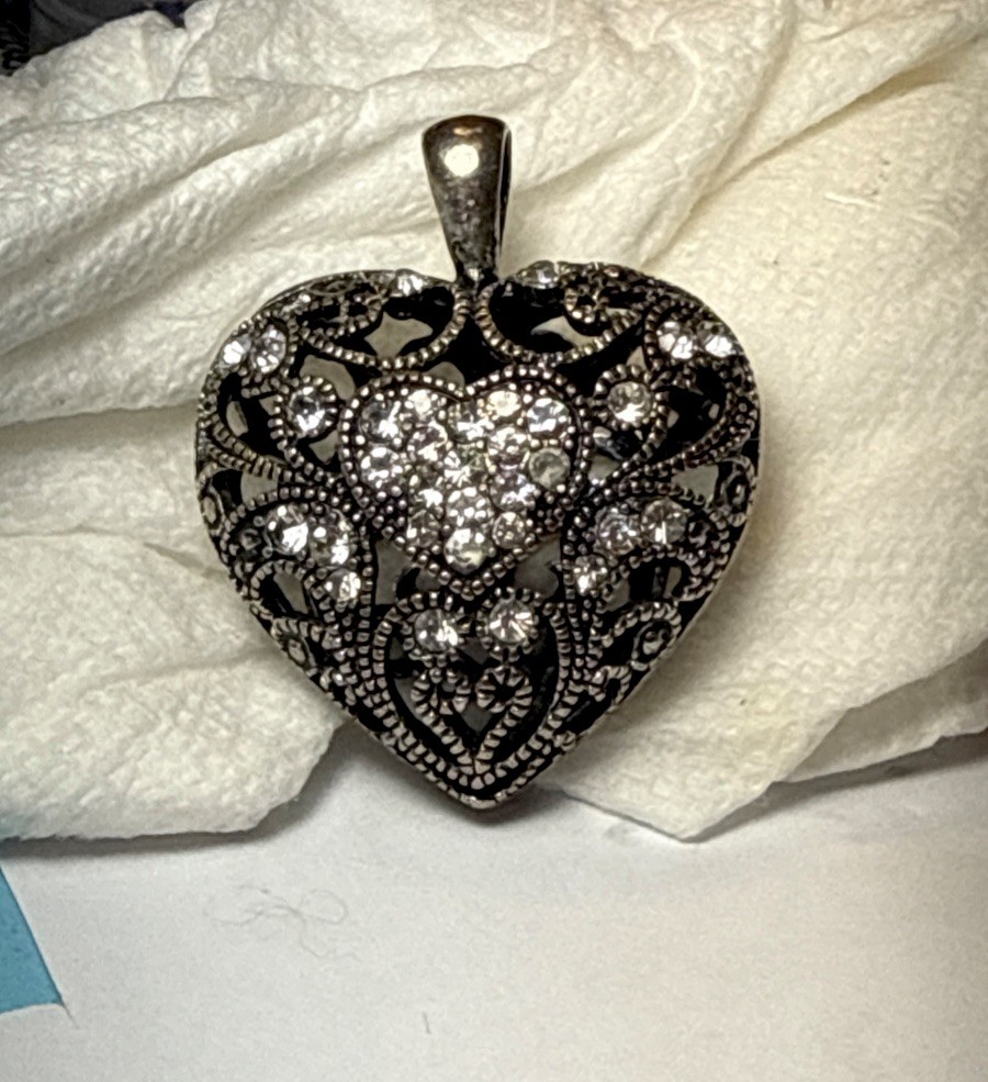Silver Tone Ornate Filagree Rhinestone Puffy Heart Pendant 2” x 1 3/4′