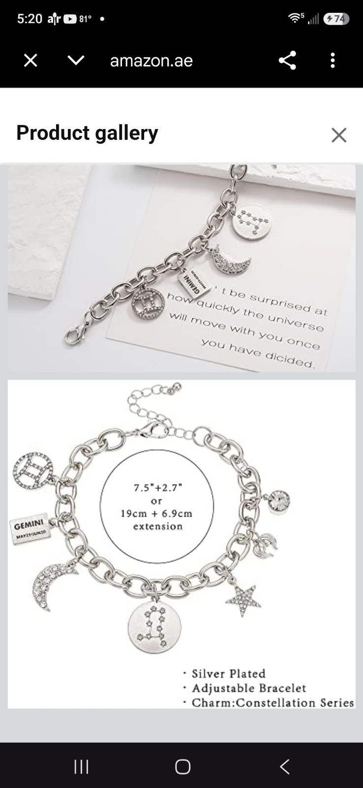 Silver Tone Adjustable Gemini Zodiac Charm Bracelet Moon & Stars Lobster Clasp