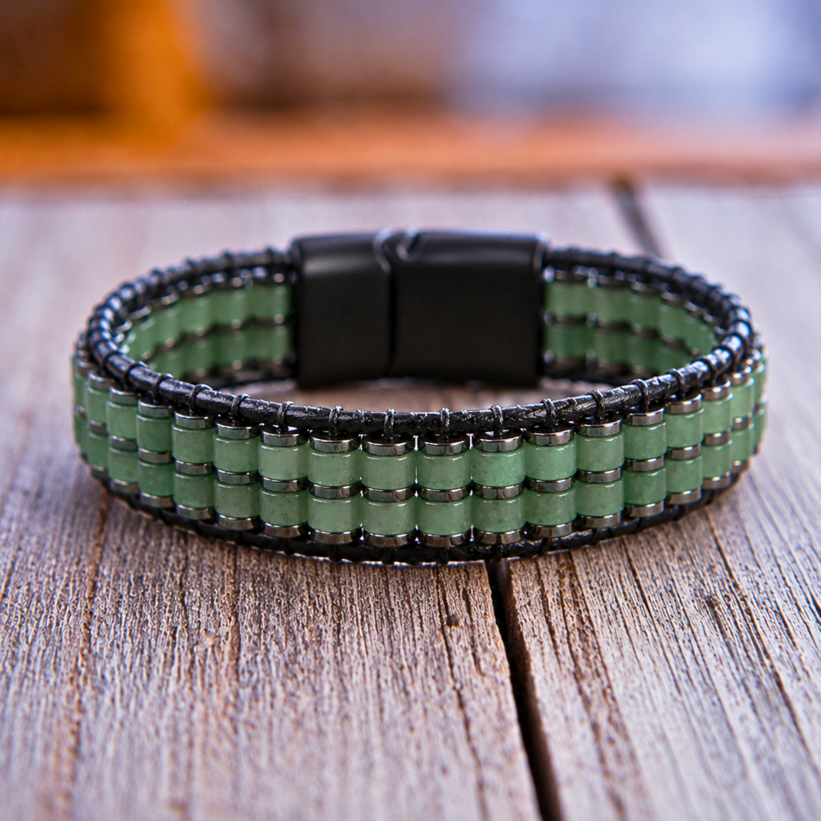 Natural Green Aventurine Bracelet Leather Protection Crystal Jewelry Handmade
